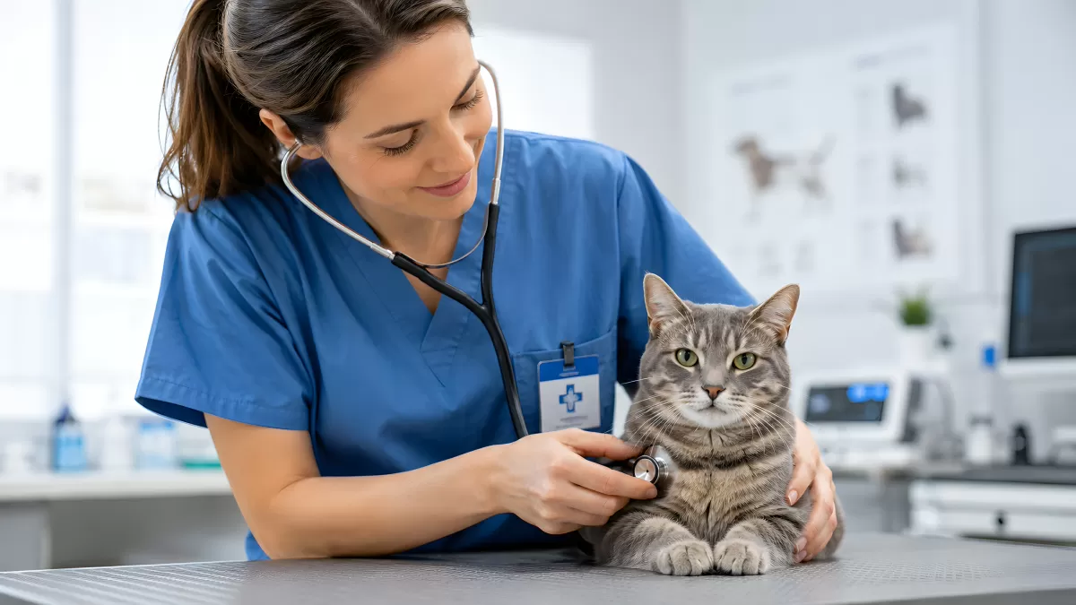 Tierärztin untersucht graue Katze mit Stethoskop