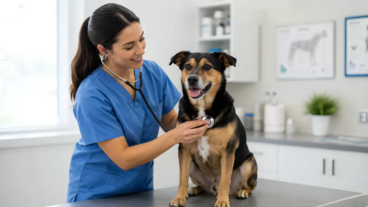 Tierärztin untersucht Hund mit Stethoskop in Praxis