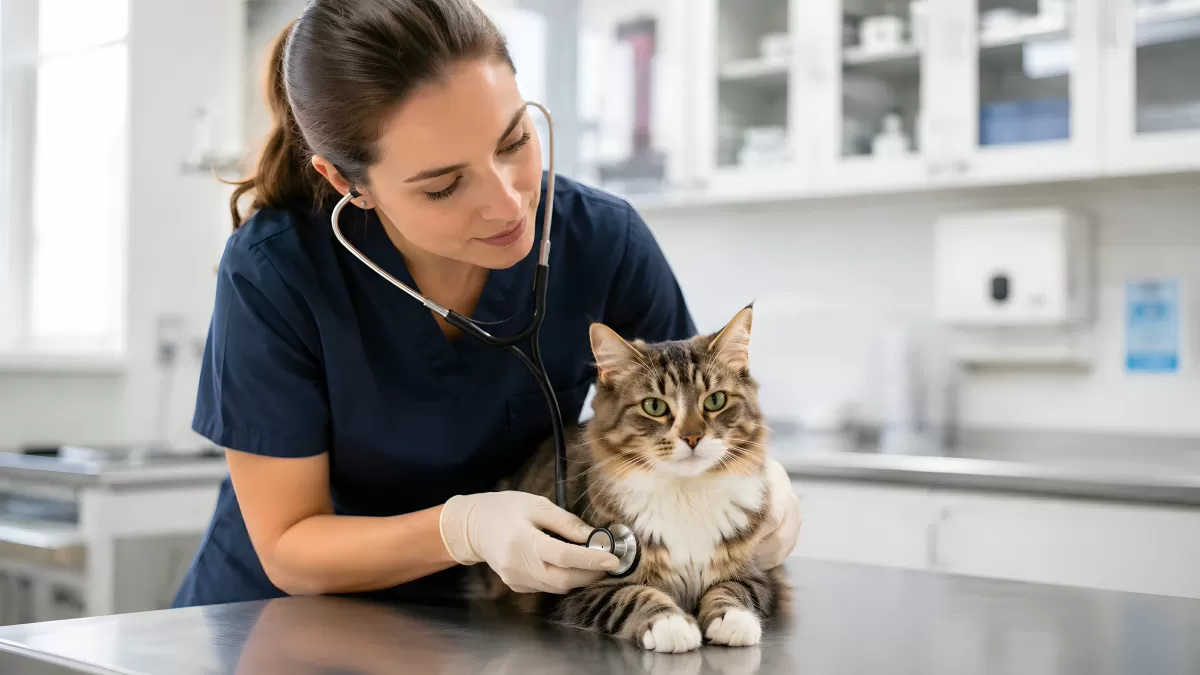 Tierärztin untersucht Katze mit Stethoskop in Klinik