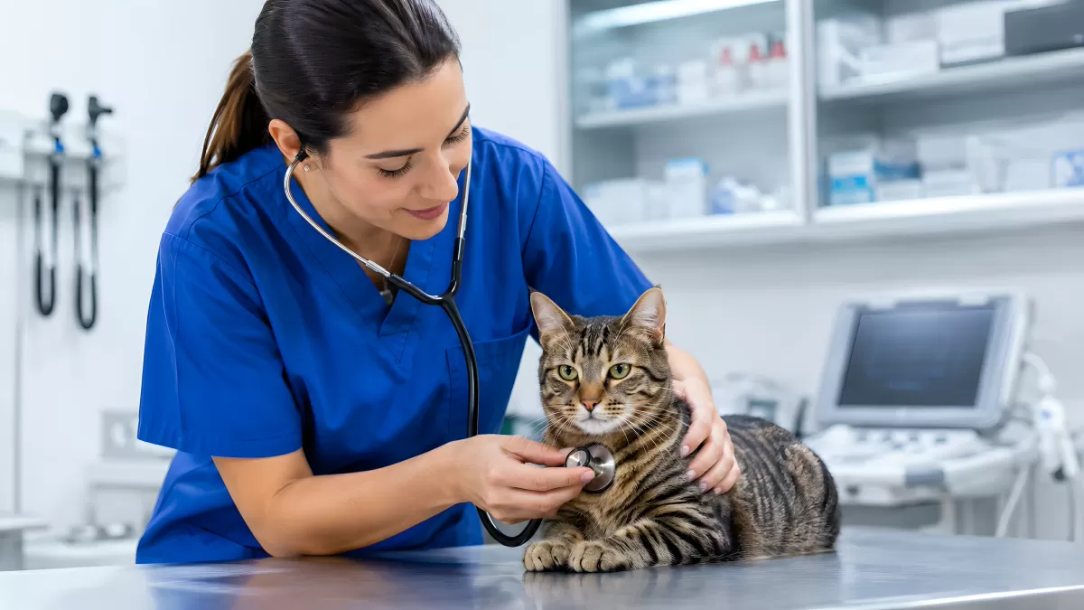 Tierärztin untersucht Katze mit Stethoskop