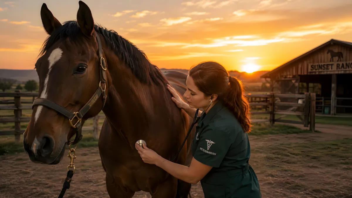 Tierärztin untersucht Pferd bei Sonnenuntergang auf Ranch