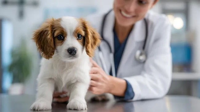 Tierarzt untersucht freundlichen Welpen im Behandlungsraum