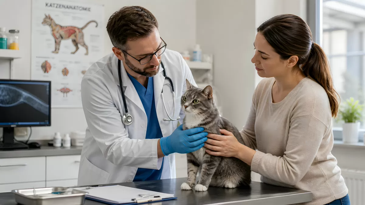 Tierarzt untersucht graue Katze mit Besitzerin