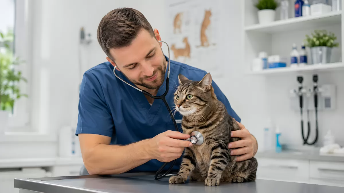 Tierarzt untersucht Katze mit Stethoskop in Klinik