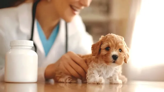 Tierarzt untersucht liebevollen Welpen in Klinik