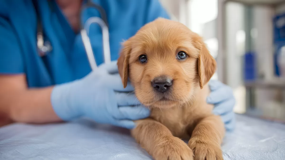 Tierarzt untersucht Welpen in moderner Klinik