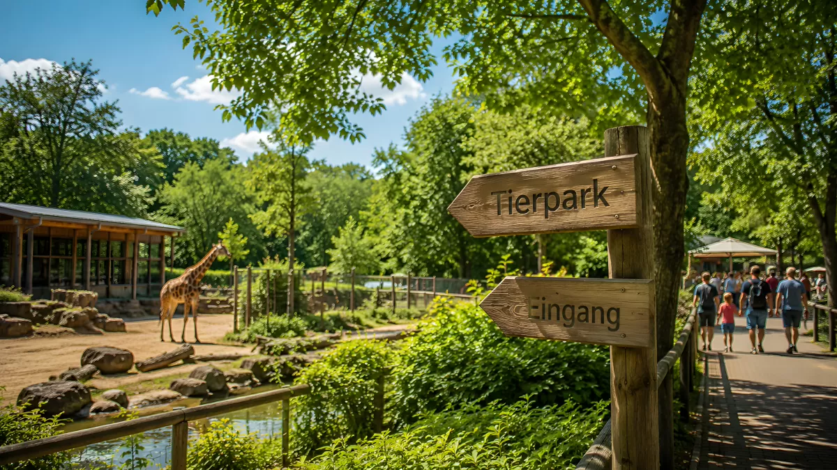 Tierpark Eingang mit Giraffe und Besuchern im Sommer
