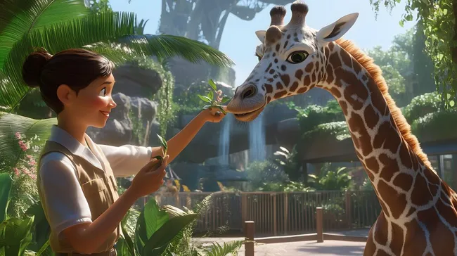 Tierpflegerin füttert zahme Giraffe in tropischer Zooumgebung