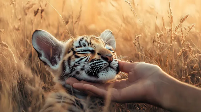 Tiger-Baby genießt zärtliche Berührung im Ährenfeld