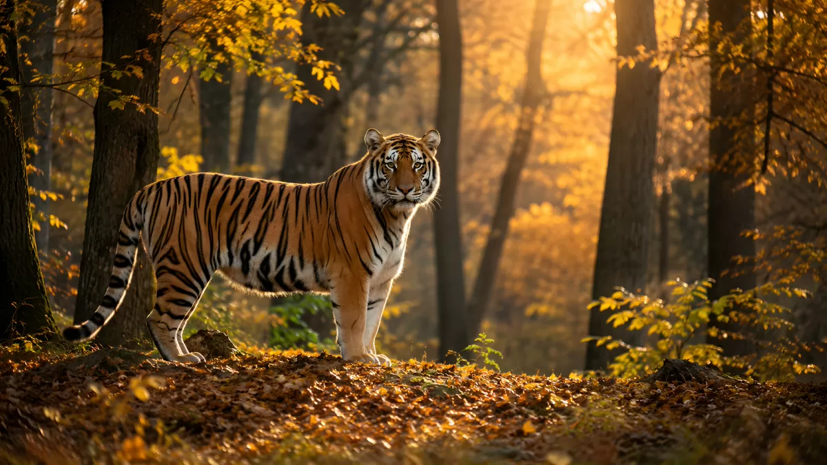 Tiger im herbstlichen Wald im goldenen Abendlicht