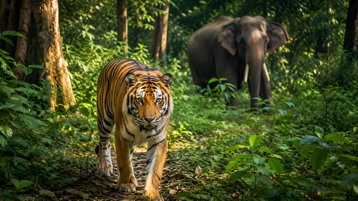 Tiger und Elefant begegnen sich im Dschungel