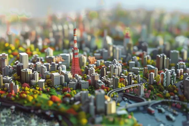 Tiltshift-Stadtbild von Tokio mit ikonischem Wahrzeichen