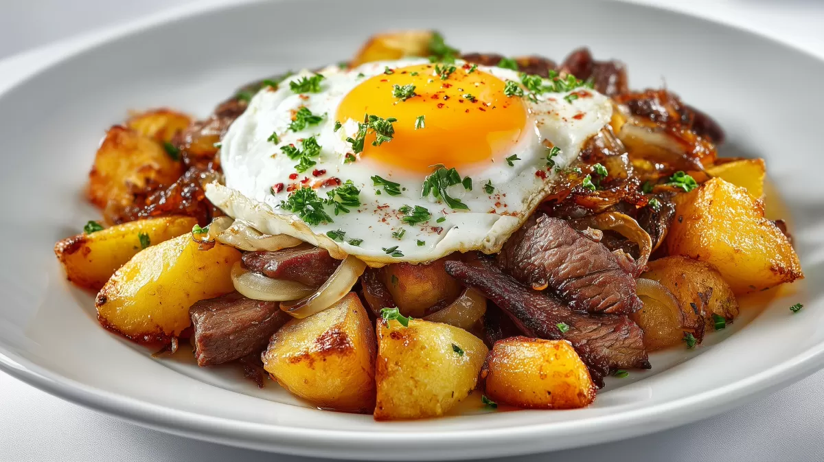 Tiroler Gröstl mit Spiegelei auf weißem Teller