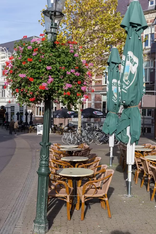 Tische und Stühle eines Cafes mit Sonnenschirmen und einer Blume an einem Laternenmast in Venlo