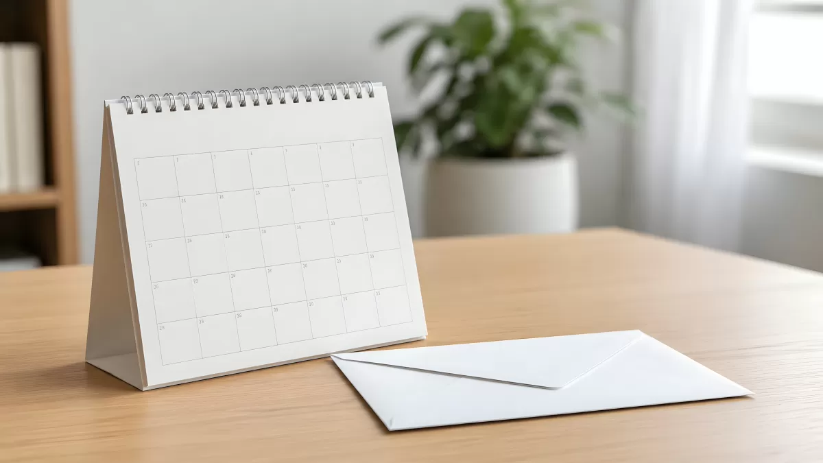 Tischkalender und Briefumschlag auf Holzschreibtisch