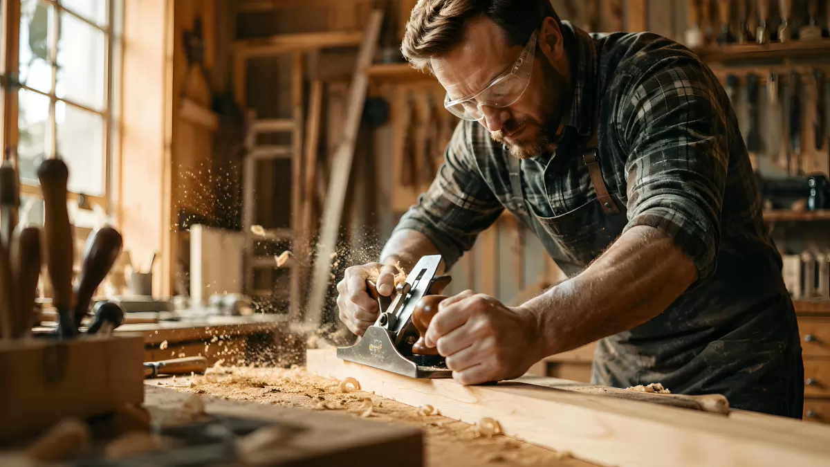 Tischler glättet Holzplanke in alter Werkstatt