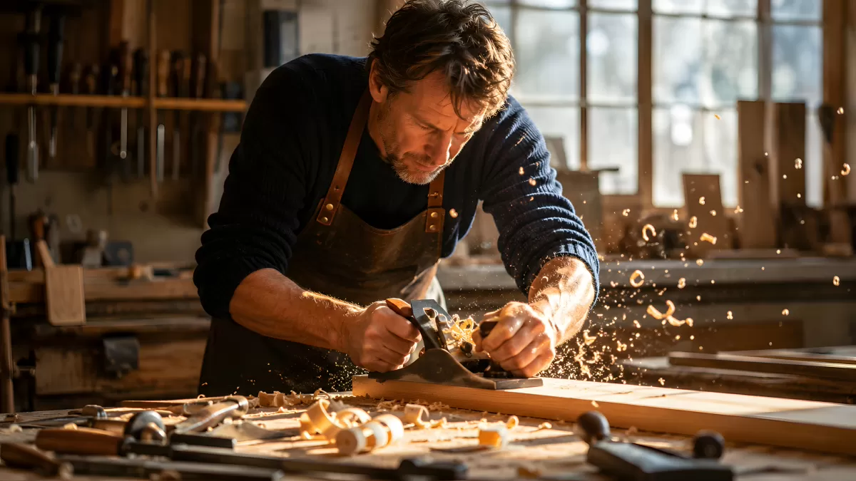 Tischler hobelt Holzbrett in sonniger Werkstatt