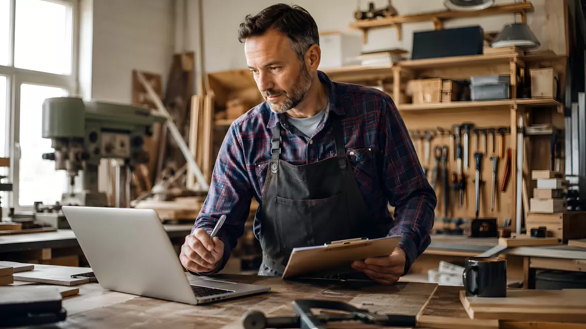 Tischler plant Projekt mit Laptop in seiner Werkstatt