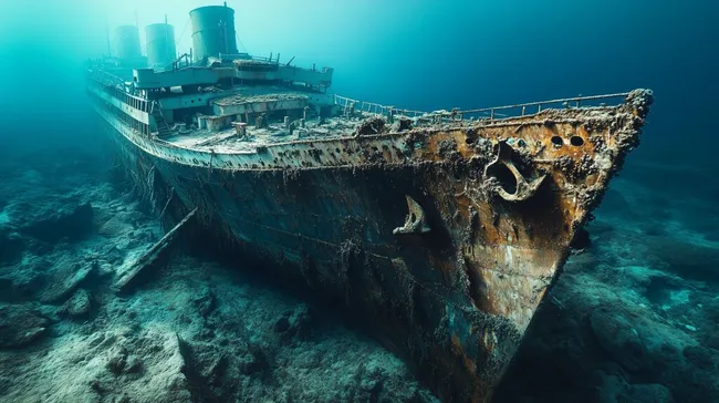 Titanic-Wrack auf Meeresboden in mystischer Unterwasserlandschaft