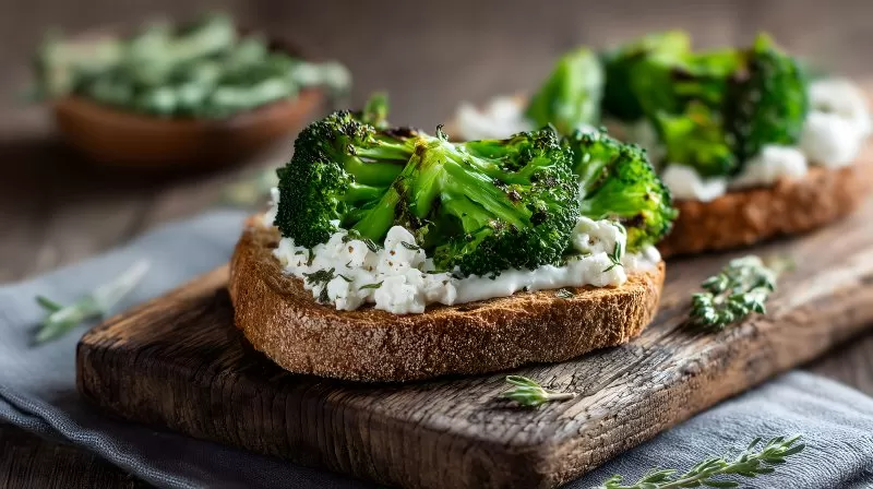 Toast mit gegrilltem Brokkoli und Hüttenkäse