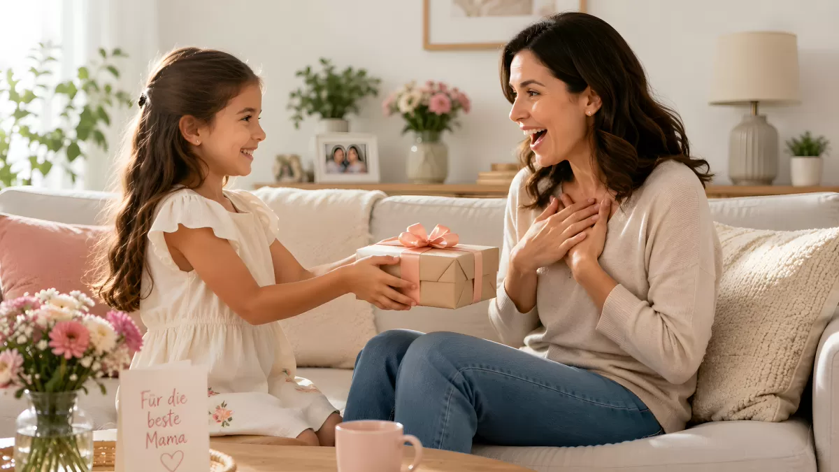 Tochter überreicht Mama Geschenk zum Muttertag