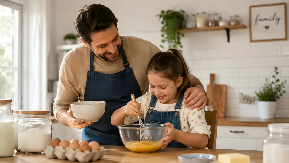Tochter und Vater backen zusammen in der Küche