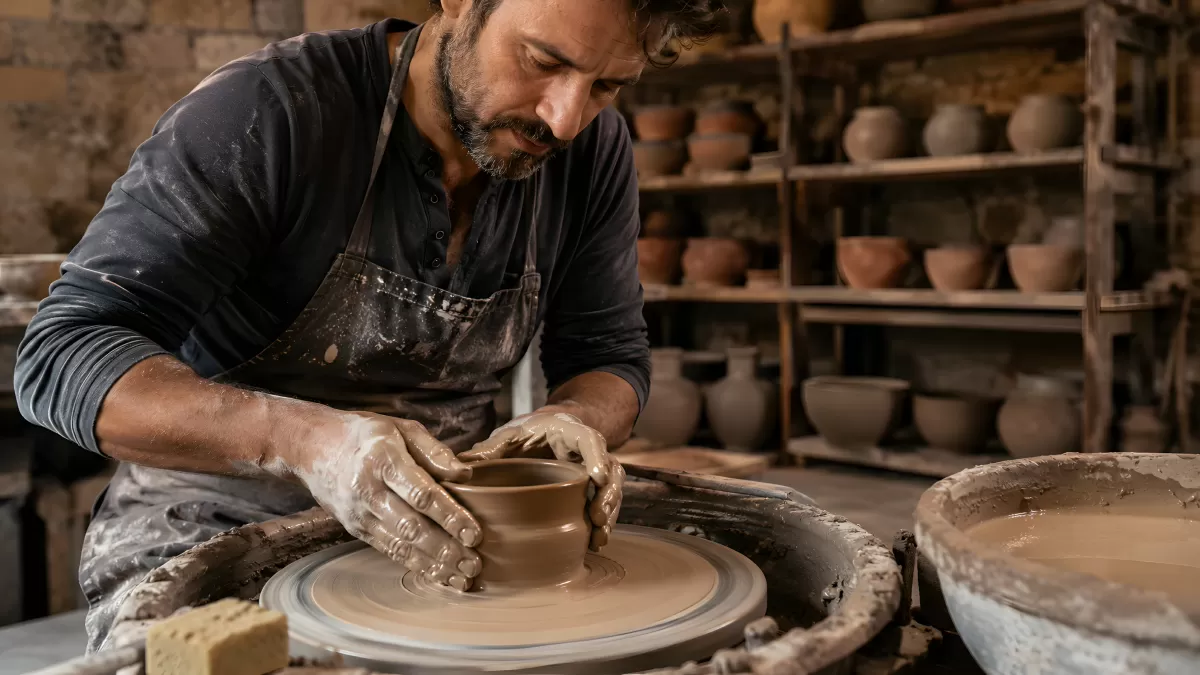 Töpfer formt Tontasse auf der Drehscheibe im Atelier