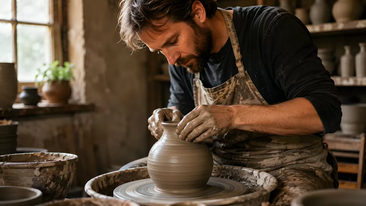 Töpfer formt Vase aus Ton an der Drehscheibe