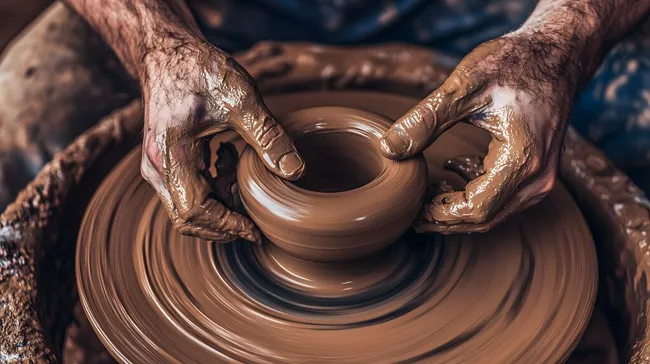 Töpferhände formen Ton auf Töpferscheibe