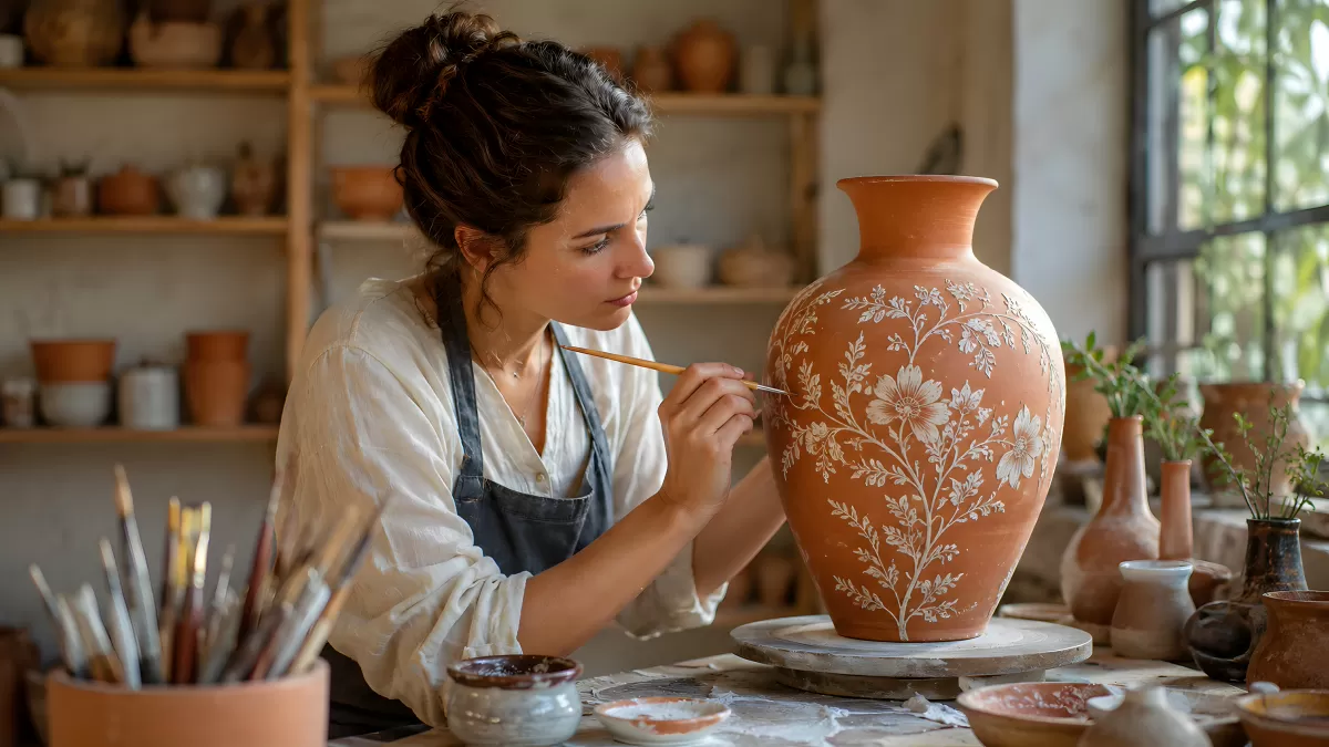 Töpferin bemalt handgefertigte Terrakotta-Vase im Atelier