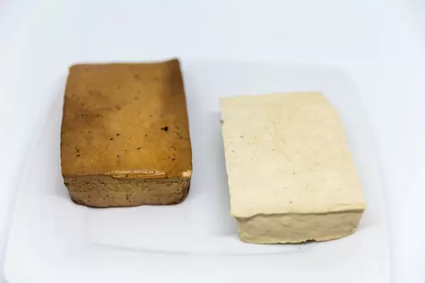 Tofu and smoked tofu on a white plate