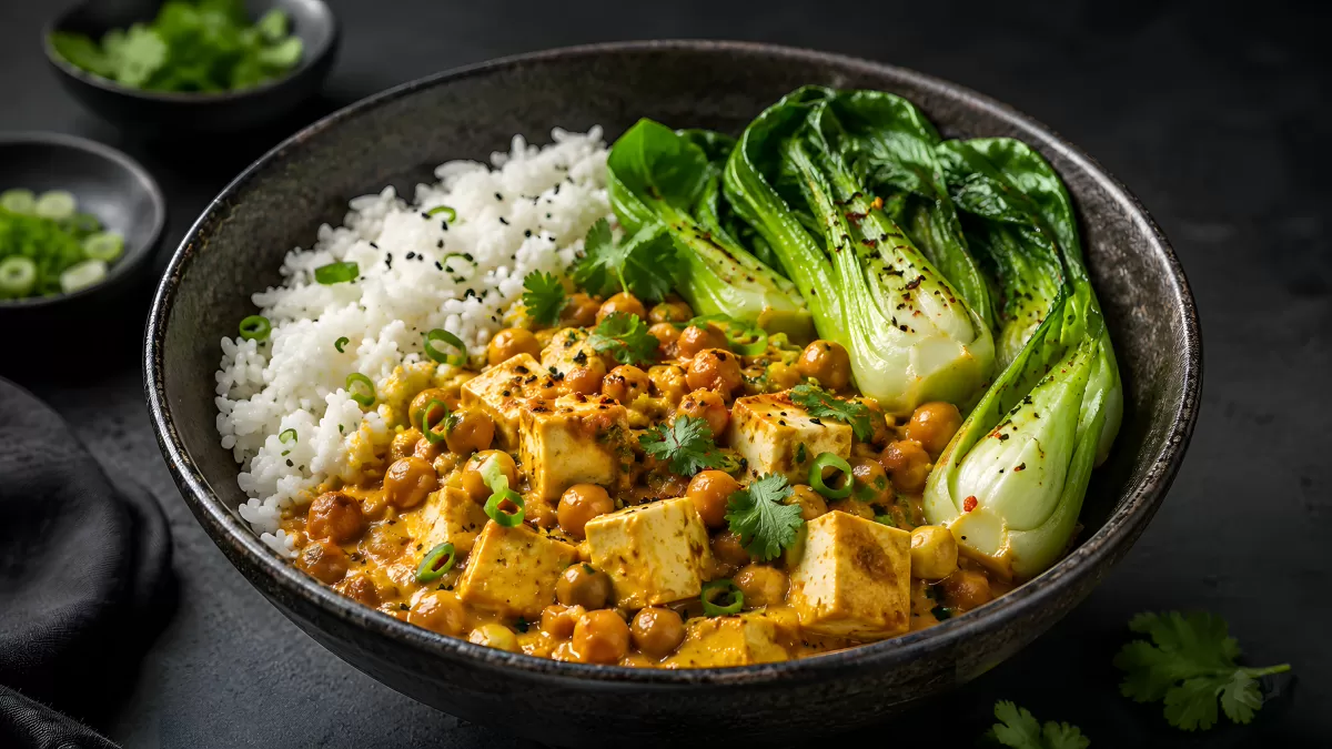 Tofu-Kichererbsen-Curry mit Reis und Pak Choi