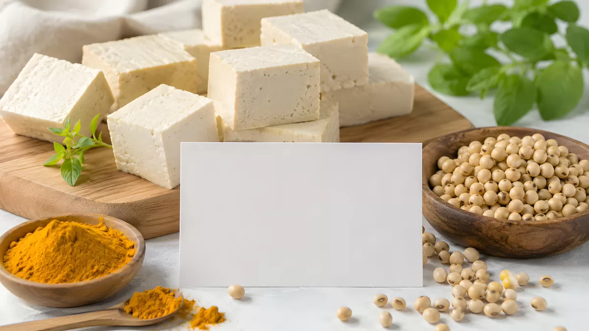 Tofu-Würfel mit Sojabohnen und Kurkuma auf Holzbrett
