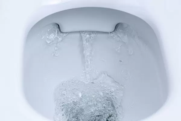 Toilet bowl flushing water in bathroom close up