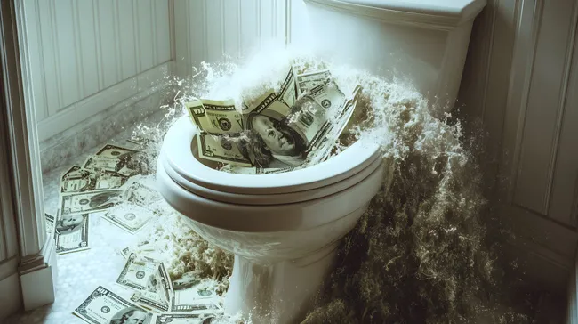 Toilette verschwendet Geldscheine als Metapher für Geldverschwendung