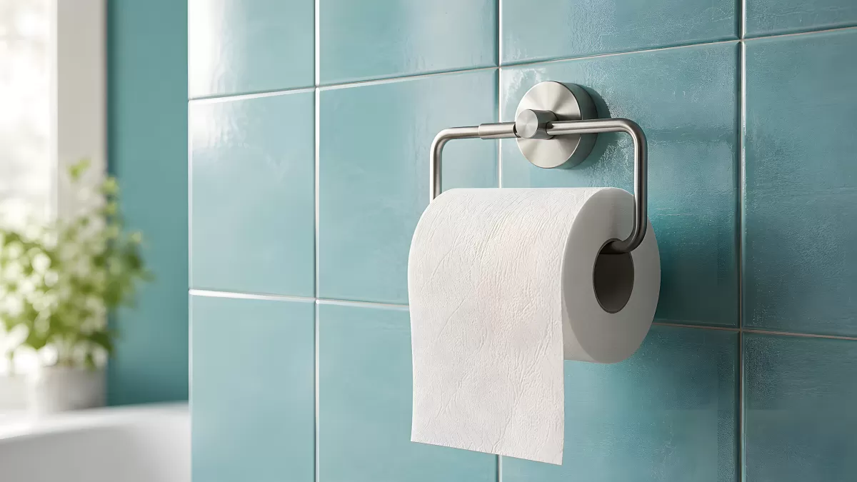 Toilettenpapierhalter aus Edelstahl an türkiser Kachelwand
