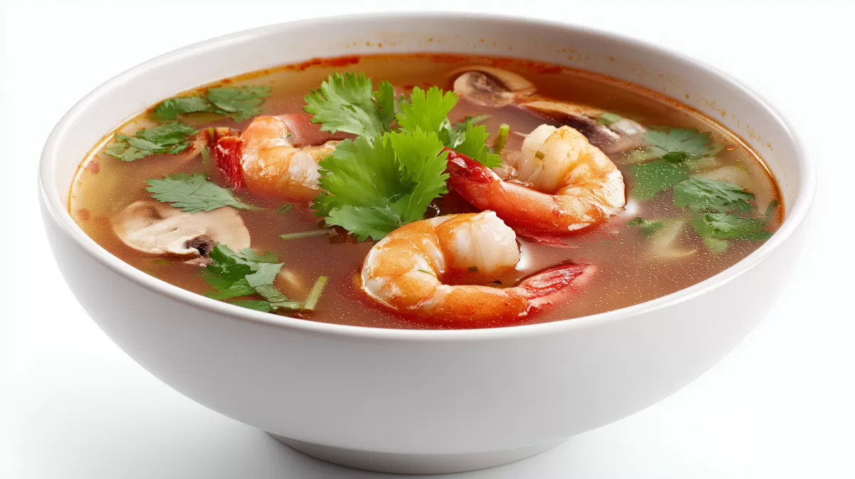 Tom Yum Goong – Thaisuppe mit Garnelen in Schüssel