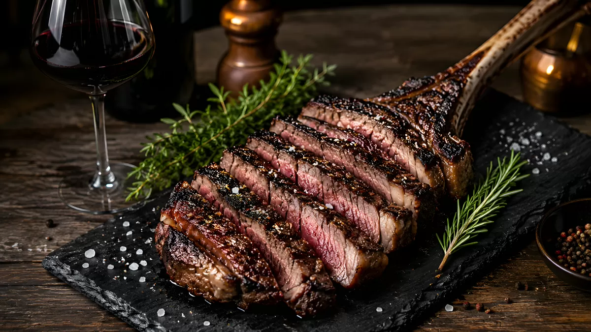 Tomahawk-Steak aufgeschnitten auf Schieferplatte
