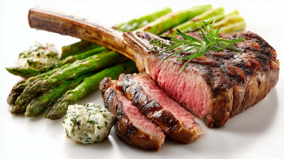 Tomahawk Steak mit grünem Spargel und Kräuterbutter