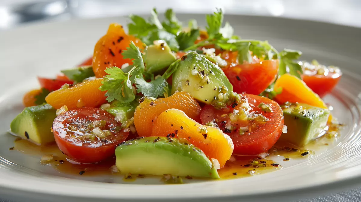 Tomaten Avocado Salat mit Koriander auf Teller