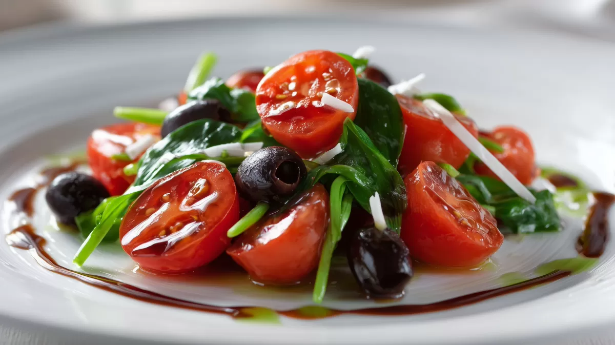 Tomaten Brlauch Salat mit Oliven auf weißem Teller