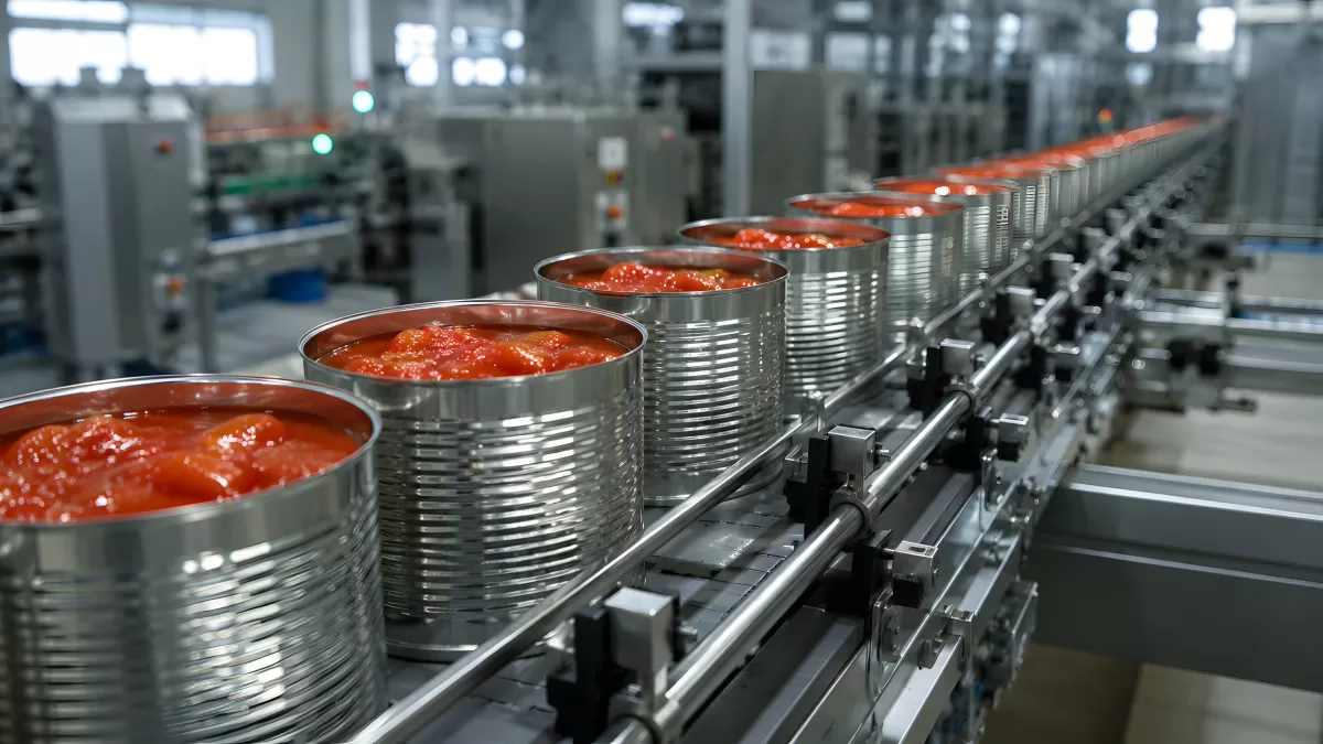 Tomatendosen auf Förderband in der Lebensmittelfabrik
