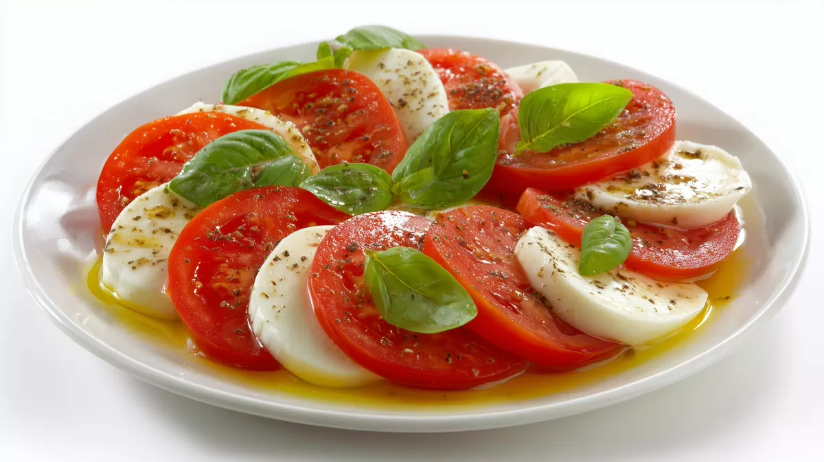 Tomatensalat mit Mozzarella fo auf weißem Teller