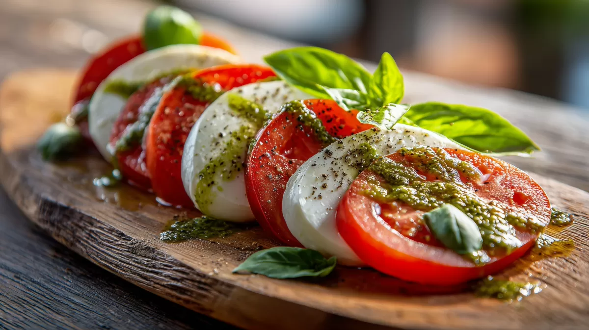 Tomatensalat mit Mozzarellafo auf Holzbrett