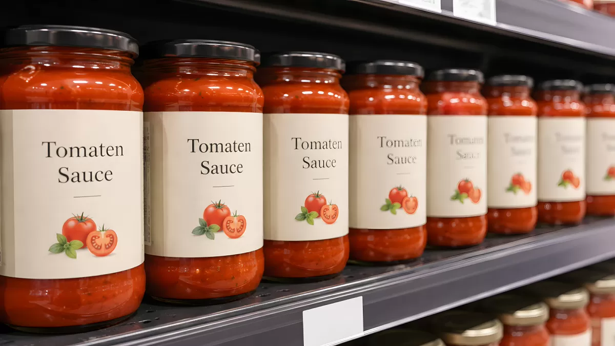 Tomatensauce-Gläser im Regal eines Supermarkts