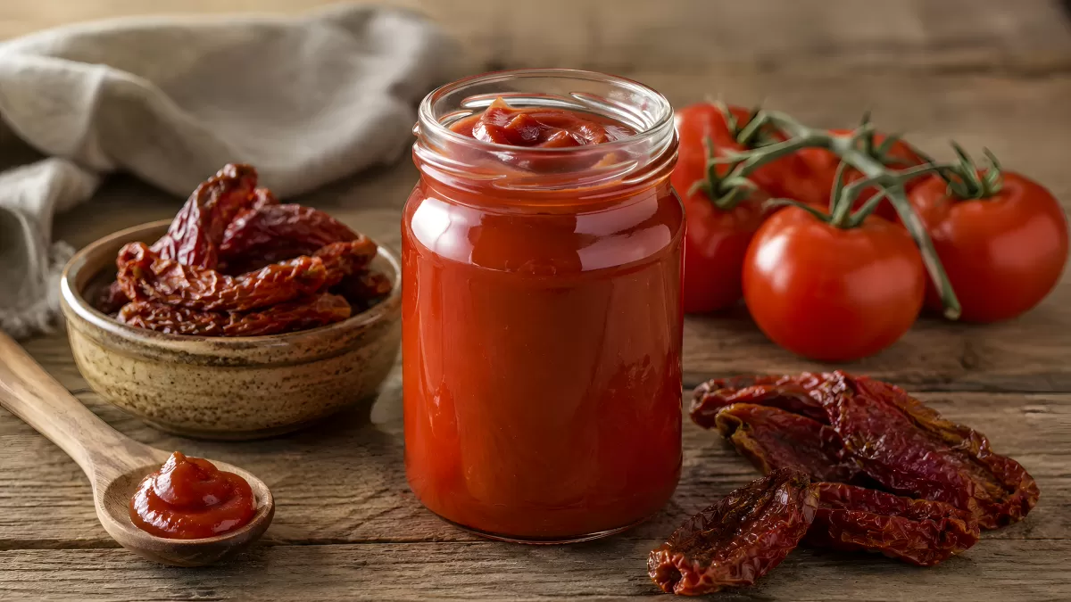 Tomatensauce im Glas mit getrockneten Tomaten