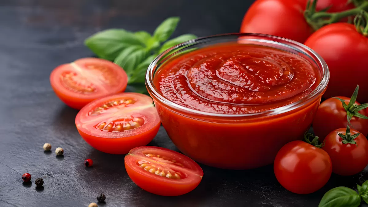 Tomatensauce in Glasschüssel mit frischen Tomaten