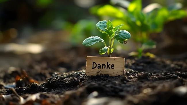 Tomatensetzling mit Dankeschön-Schild im Garten