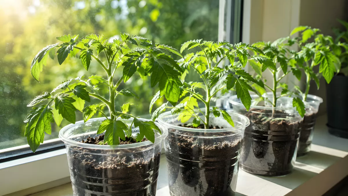 Tomatensetzlinge in Plastikbechern auf Fensterbank