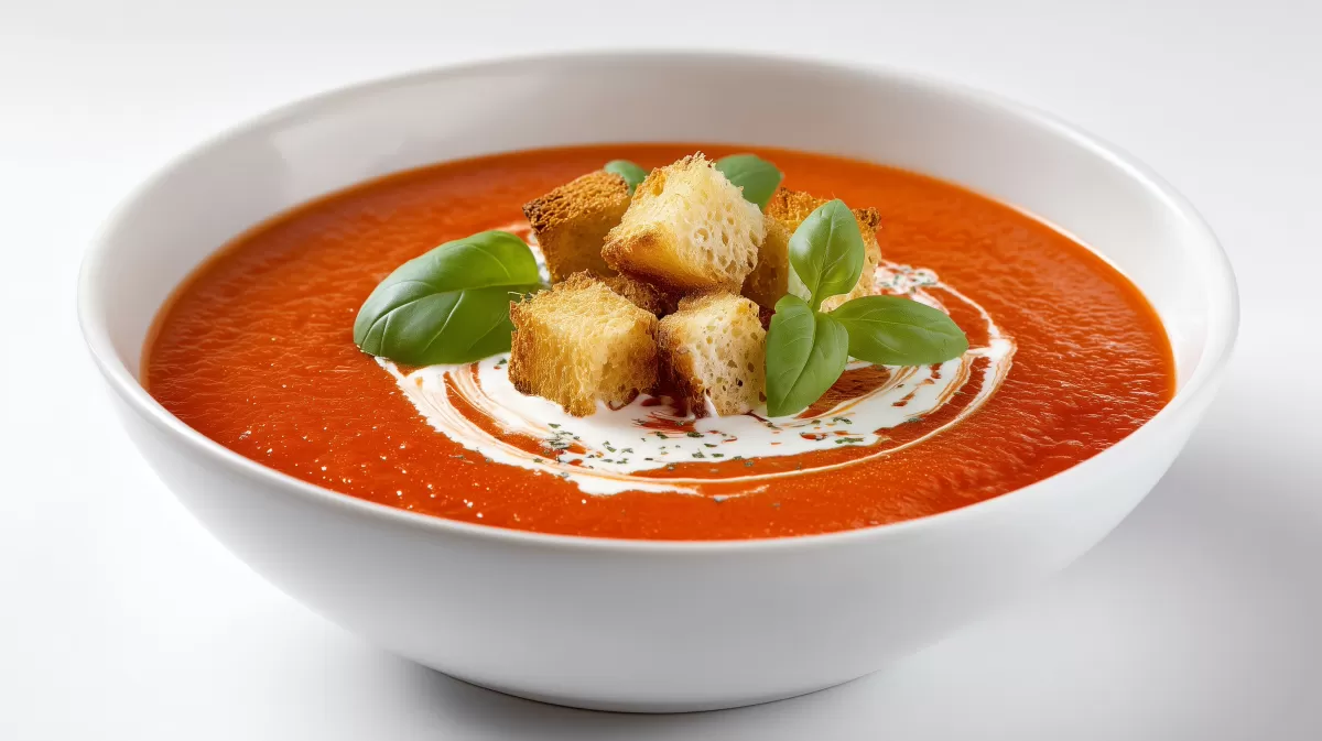 Tomatensuppe mit Basilikum foo und Croutons